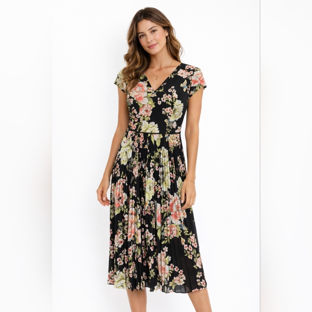 Maggy London Black Floral Midi Dress Size 2